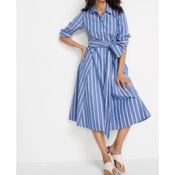 Lands End Womens Poplin Midi Wrap Front Dress Sz 2 Blue Striped Preppy Nautical - Picture 1 of 10